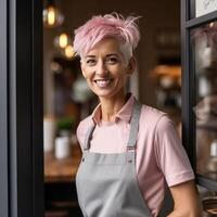 Happy woman , small business owner in casual wearing grey apron. Illustration photo