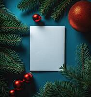 Empty paper on Christmas green background with fir. Illustration photo