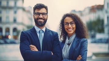 Portrait of happy multi ethnic business couple. Illustration photo