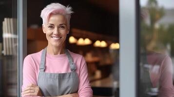 Happy woman , small business owner in casual wearing grey apron. Illustration photo