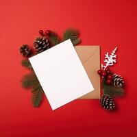 rojo Navidad antecedentes con blanco papel tarjeta. ilustración ai generativo foto