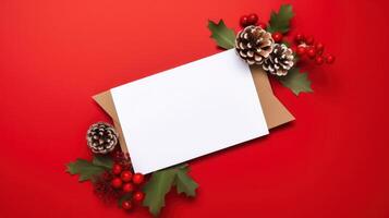 rojo Navidad antecedentes con blanco papel tarjeta. ilustración ai generativo foto