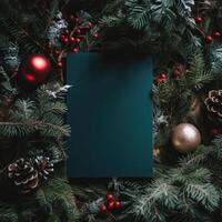 Empty paper on Christmas green background with fir. Illustration photo