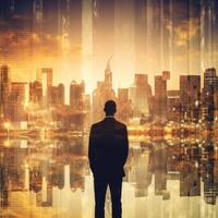 Business man standing back during sunrise overlay with cityscape Illustration photo