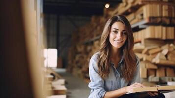 joven mujer diseñador leyendo libro mientras sentado a el taller. ilustración ai generativo foto