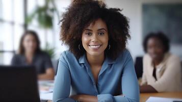 Happy girl standing in creative office. Illustration photo