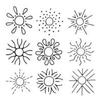 Doodle outlines of the sun. Vector drawing of sunbeams. Variety of sunbeams