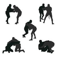 conjunto de realidad siluetas de sambo Atletas en sambo lucha, combate sambo, duelo, luchar, jiu jitsu marcial arte, deportividad vector