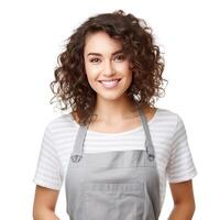 Happy woman , small business owner in casual wearing grey apron, isolated. Illustration photo