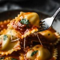 Close up of multiple ravioli over fork photo