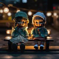 Two dolls sits on a bench with a lights in background photo