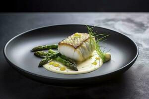 Traditional Fried Skrei Cod Fish Fillet with Green Asparagus Tips and Mashed Potato Cream in Parmesan Olive Oil Sauce as Closeup on a Modern Design Plate with Copy Space, generate ai photo