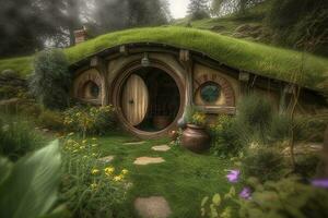 Concept art illustration of hobbit house, generate ai photo