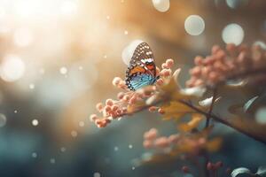 Field of daisies in golden rays of the setting sun in spring summer nature with an orange butterfly outdoors, photo