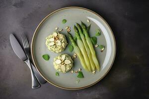 Traditional Bavarian white asparagus served with wild garlic and almond butter close-up on a Nordic design plate with copy space, generate ai photo