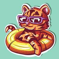 Digital art of a relaxed tiger on vacation sitting on a floatie. Vector of a wild animal swimming in a lifesaver and wearing sunglasses.