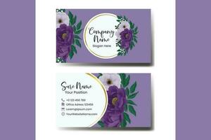 Business Card Template Purple Peony Flower .Double-sided Blue Colors. Flat Design Vector Illustration. Stationery Design