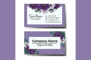 Business Card Template Purple Peony Flower .Double-sided Blue Colors. Flat Design Vector Illustration. Stationery Design