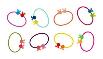 Hair rubber bands set or collection. Cartoon girlish beauty fashion hair accessories, elastic ponytails bands. vector