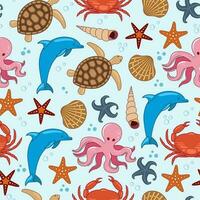 Vector summer seamless pattern with dolphins, crab, shells, dolphins. Sea repeated texture with underwater animals.