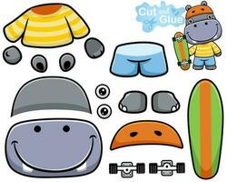 Vector illustration of cartoon hippo in skater costume with skateboard. Cutout and gluing