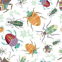 Seamless pattern vector of hand drawn beetles and leaves with colorful ornaments