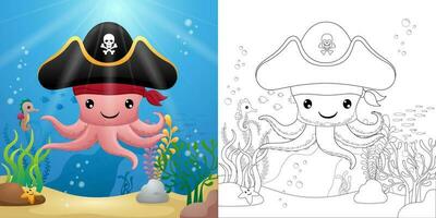 Funny octopus cartoon wearing pirate hat with seahorse and starfish undersea, coloring book or page vector
