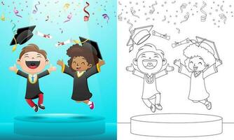 vector illustration of two happy kids in graduation gown jumping in graduation day on stage