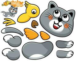 Vector illustration of cartoon cat with bird in racing run. Cutout and gluing