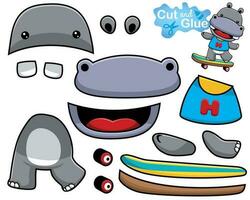 Vector illustration of cartoon hippo playing skateboard. Cutout and gluing