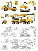 Vector illustration of hand drawn construction vehicles with construction signs. Coloring book or page