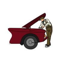 One continuous line drawing of a mechanic is repairing the car. Automotive design concept with simple linear style. Automotive vector design illustration concept.