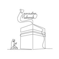 One continuous line drawing of a moslem woman is praying the ka'bah during ramadan time. Moslem praying design with simple linear style. Ramadan kareem design concept vector