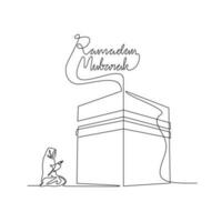 uno continuo línea dibujo de un musulmán mujer es Orando el ka'bah durante Ramadán tiempo. musulmán Orando diseño con sencillo lineal estilo. Ramadán kareem diseño concepto vector