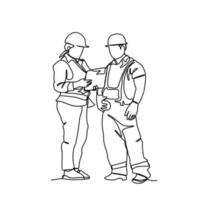 One continuous line drawing of construction engineer discussion in the site project. Construction Project design concept with simple linear style. Construction Project vector design illustration conc