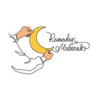 One continuous line drawing of hand and a half moon for symbol ramadan kareem.  ramadan design concept with simple linear style. islamic design concept. vector