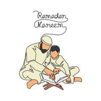 Father and his son learning of Quran during ramadhan time in continuous line art drawing style. design with Minimalist black linear design isolated on white background. Vector illustration