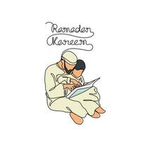 Father and his son learning of Quran during ramadhan time in continuous line art drawing style. design with Minimalist black linear design isolated on white background. Vector illustration