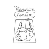 musulmán mujer leer Corán en el mezquita durante ramadhan hora en continuo línea Arte dibujo estilo. diseño con minimalista negro lineal diseño aislado en blanco antecedentes. vector ilustración