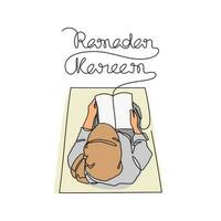 musulmán mujer leer Corán en el mezquita durante ramadhan hora en continuo línea Arte dibujo estilo. diseño con minimalista negro lineal diseño aislado en blanco antecedentes. vector ilustración