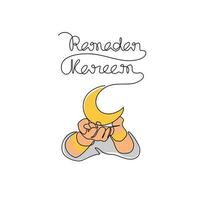 One continuous line drawing of hand and a half moon for symbol ramadan kareem.  ramadan design concept with simple linear style. islamic design concept. vector