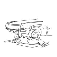 One continuous line drawing of a mechanic is repairing the car. Automotive design concept with simple linear style. Automotive vector design illustration concept.