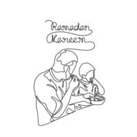 Father and his son iftar or open fasting ramadhan time in continuous line art drawing style. design with Minimalist black linear design isolated on white background. Vector illustration