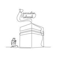 uno continuo línea dibujo de un musulmán hombre es Orando el ka'bah durante Ramadán tiempo. musulmán Orando diseño con sencillo lineal estilo. Ramadán kareem diseño concepto vector