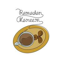 One continuous line drawing of food and drink for iftar Ramadan celebration. arabian food in simple linear style. food for eid Ramadan celebration design concept. Vector illustration
