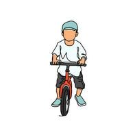 a child is learning to use a bicycle in continuous line art drawing style. design with Minimalist black linear design isolated on white background. Sport themes Vector illustration