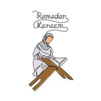 musulmán mujer leer Corán en el mezquita durante ramadhan hora en continuo línea Arte dibujo estilo. diseño con minimalista negro lineal diseño aislado en blanco antecedentes. vector ilustración