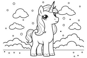 Vector outline for coloring book, Black and White  Unicorn Coloring Page illustration, coloring books, postcards, prints, posters, tattoos. stickers with Vector