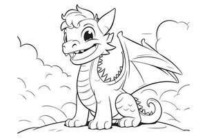 Dragon coloring page for kids, Vector Character Illustration