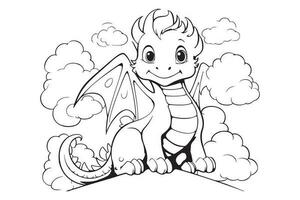 Dragon coloring page for kids, Vector Character Illustration